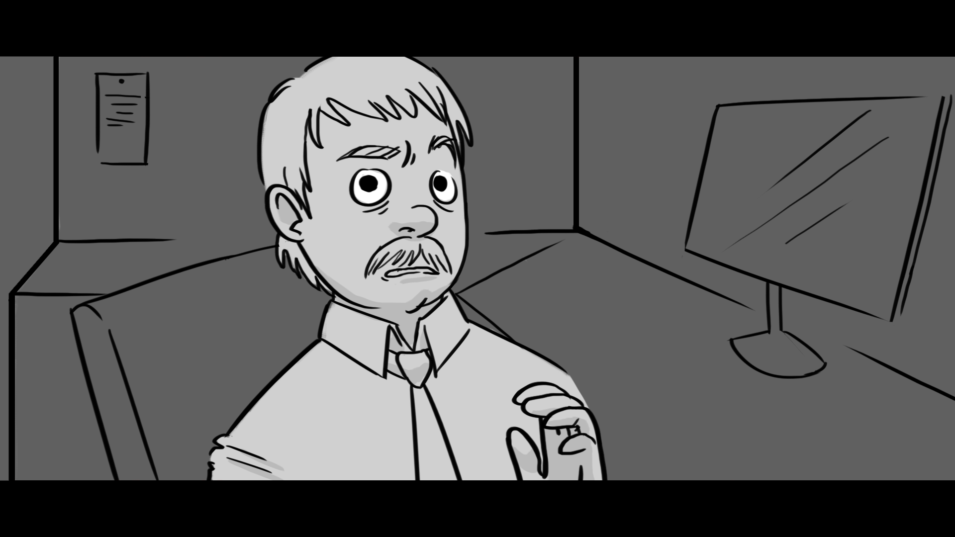 Black and white drawing of a man with a mustache and unkempt hair sitting in an office, looking surprised or worried, with a computer monitor behind him and a file on the wall.