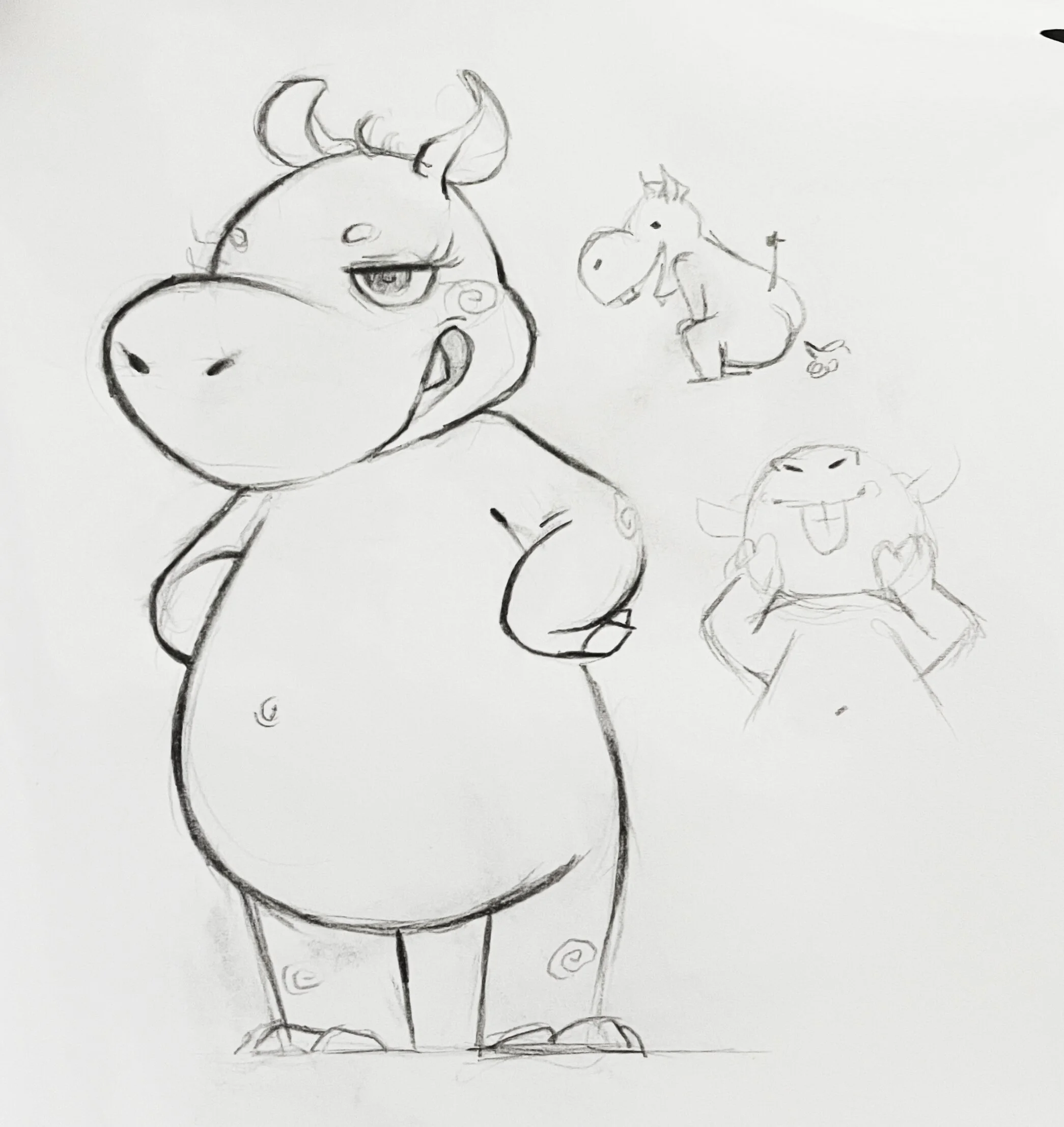 Sketches of cartoon-style bulls with exaggerated features, including large heads, horns, and playful expressions.