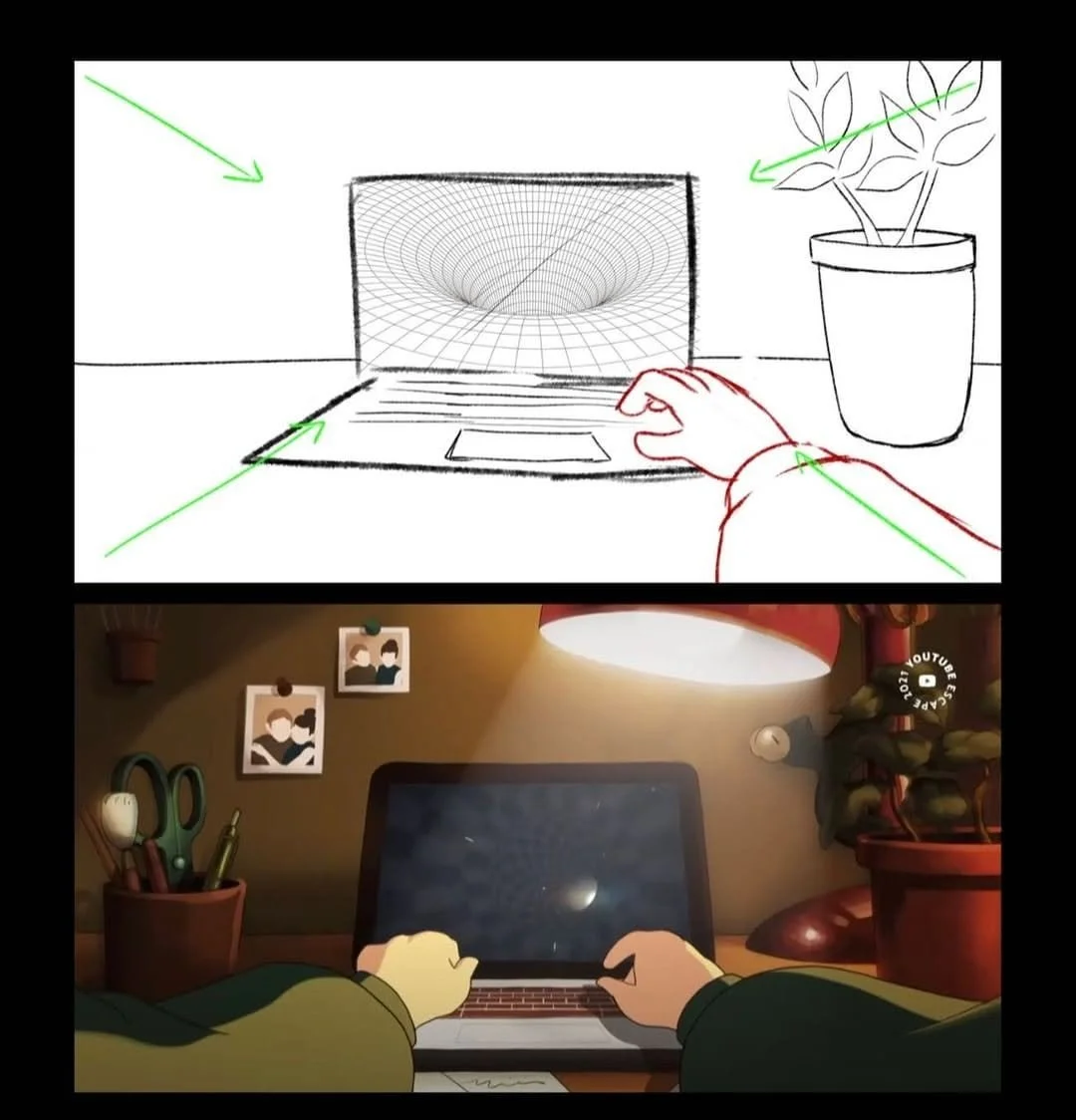 Comparison of a drawing and a cartoon image of a person working on a laptop at a desk with plants and photos on the wall.