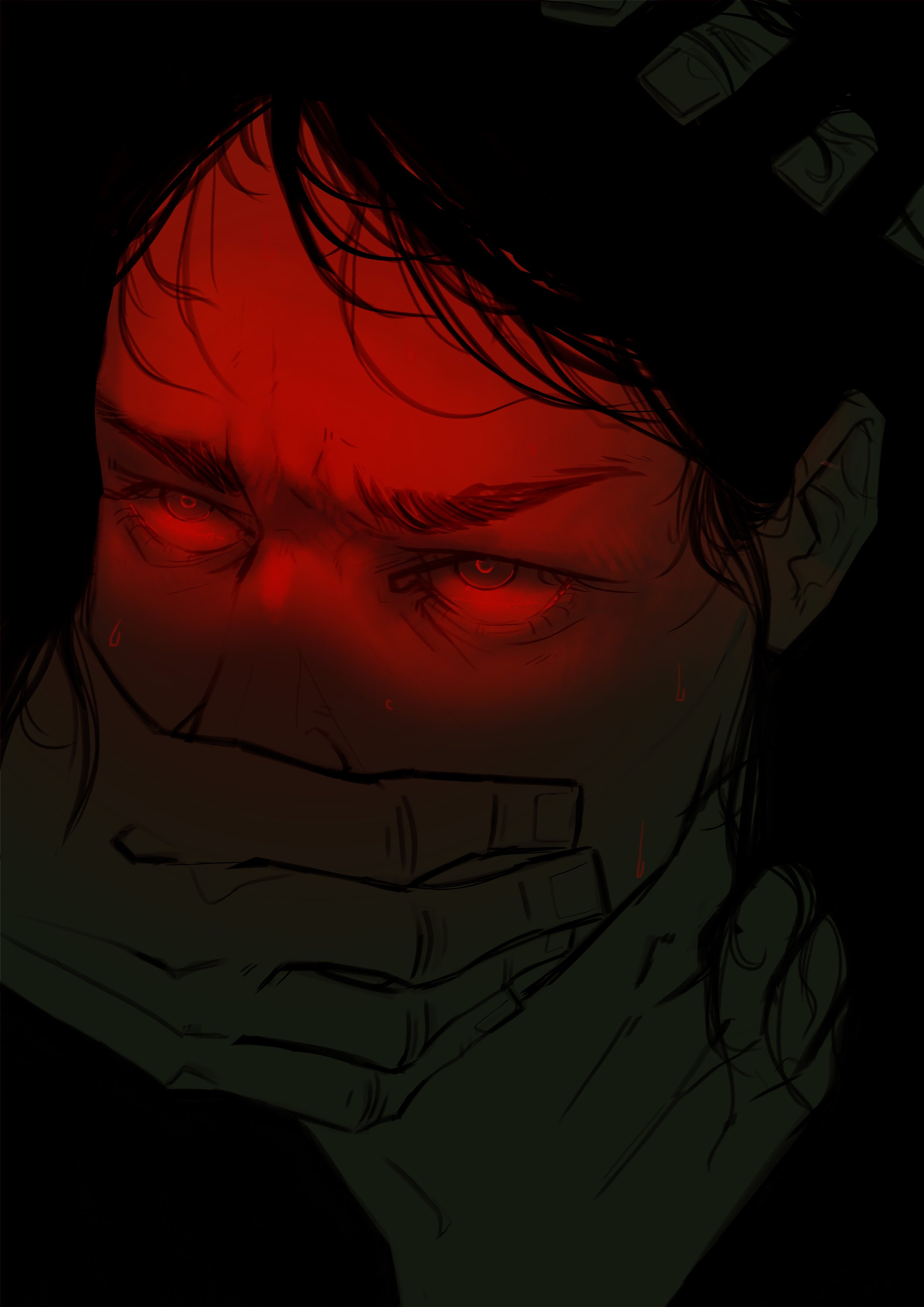 A dark illustration of a person's face, with glowing red eyes and a hand covering their mouth, set against a black background.