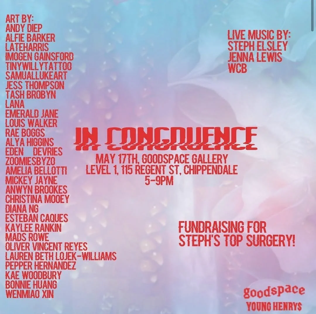 Event poster for an art and live music fundraiser titled 'In Confidence,' happening on May 17th at Goodspace Gallery, Level 1, 115 Regent Street, Chippendale, from 5 to 9 pm. The poster lists participating artists and performers, and mentions fundrai