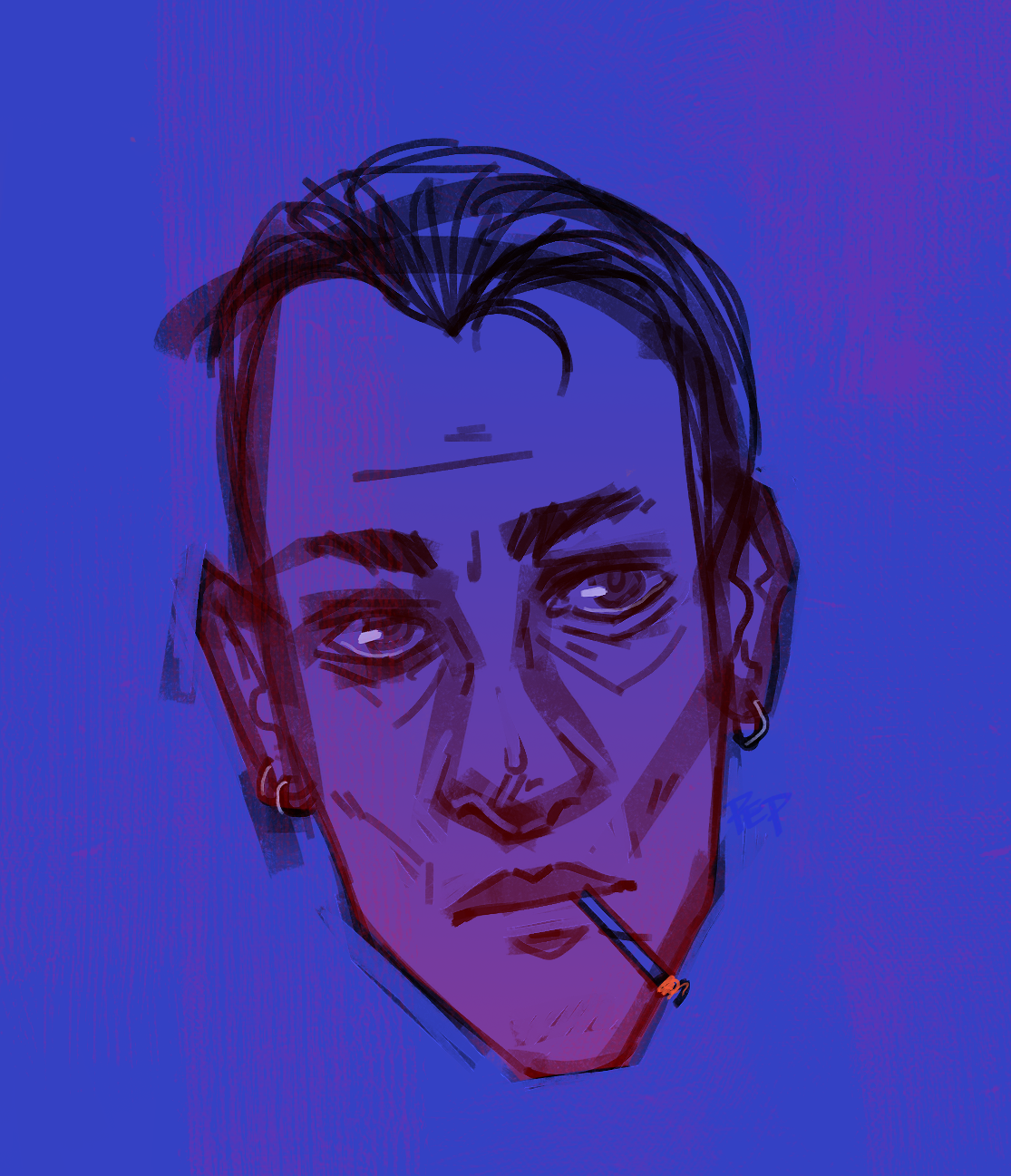Digital illustration of a person's face with a cigarette in their mouth, styled with bold lines, a damaged appearance, and a dark color palette on a blue background.