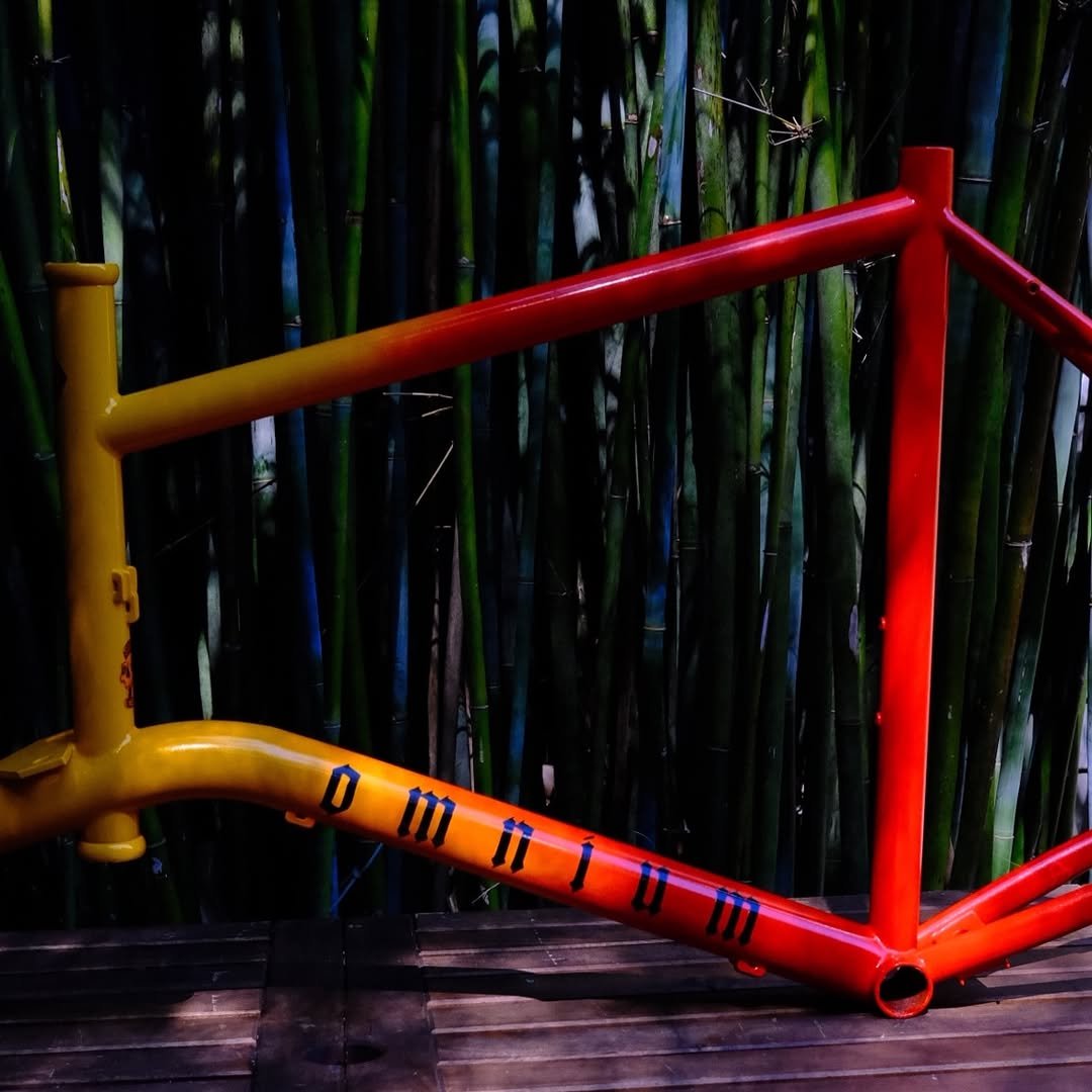 A red and yellow bicycle frame against a background of green bamboo stalks.