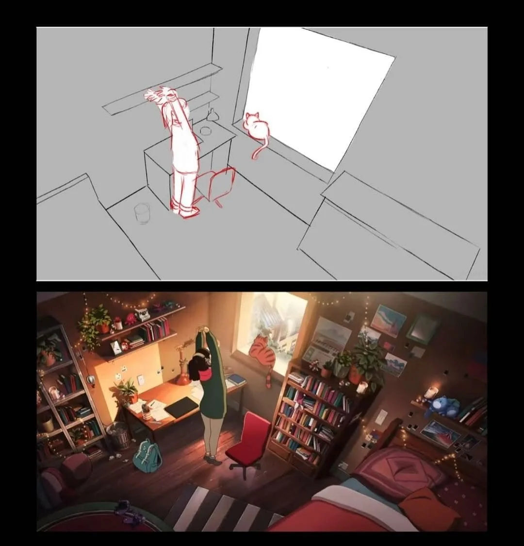 A digital illustration of a cozy bedroom, showing a person with a cat sitting by a window, surrounded by books and string lights.