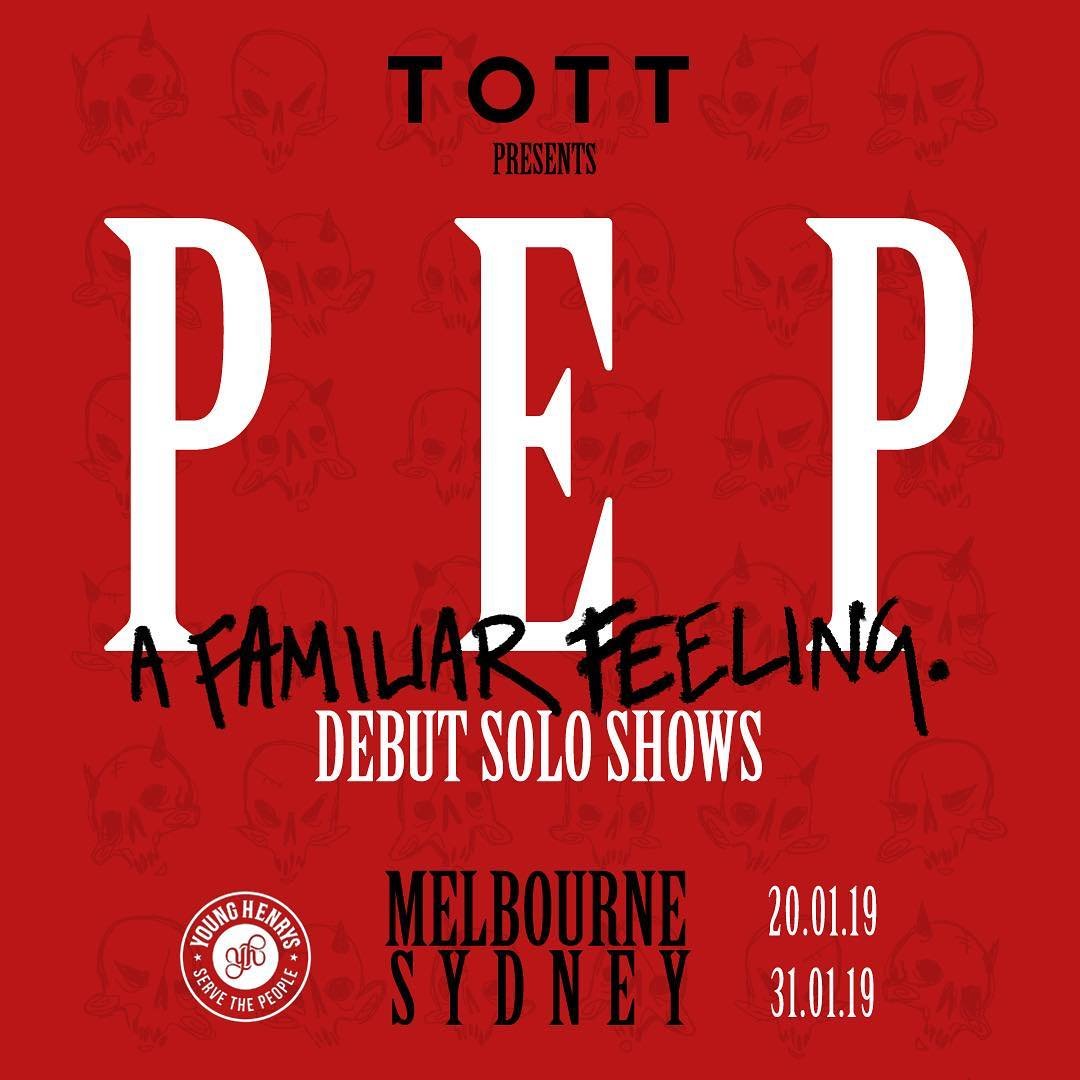 Red poster with white and black text promoting a debut solo show called 'D.E.A.D' by TOTT. The subtitle reads 'A Familiar Feeling.' The event is in Melbourne and Sydney from January 19 to January 31, 2019. The poster features a repeating skull patter