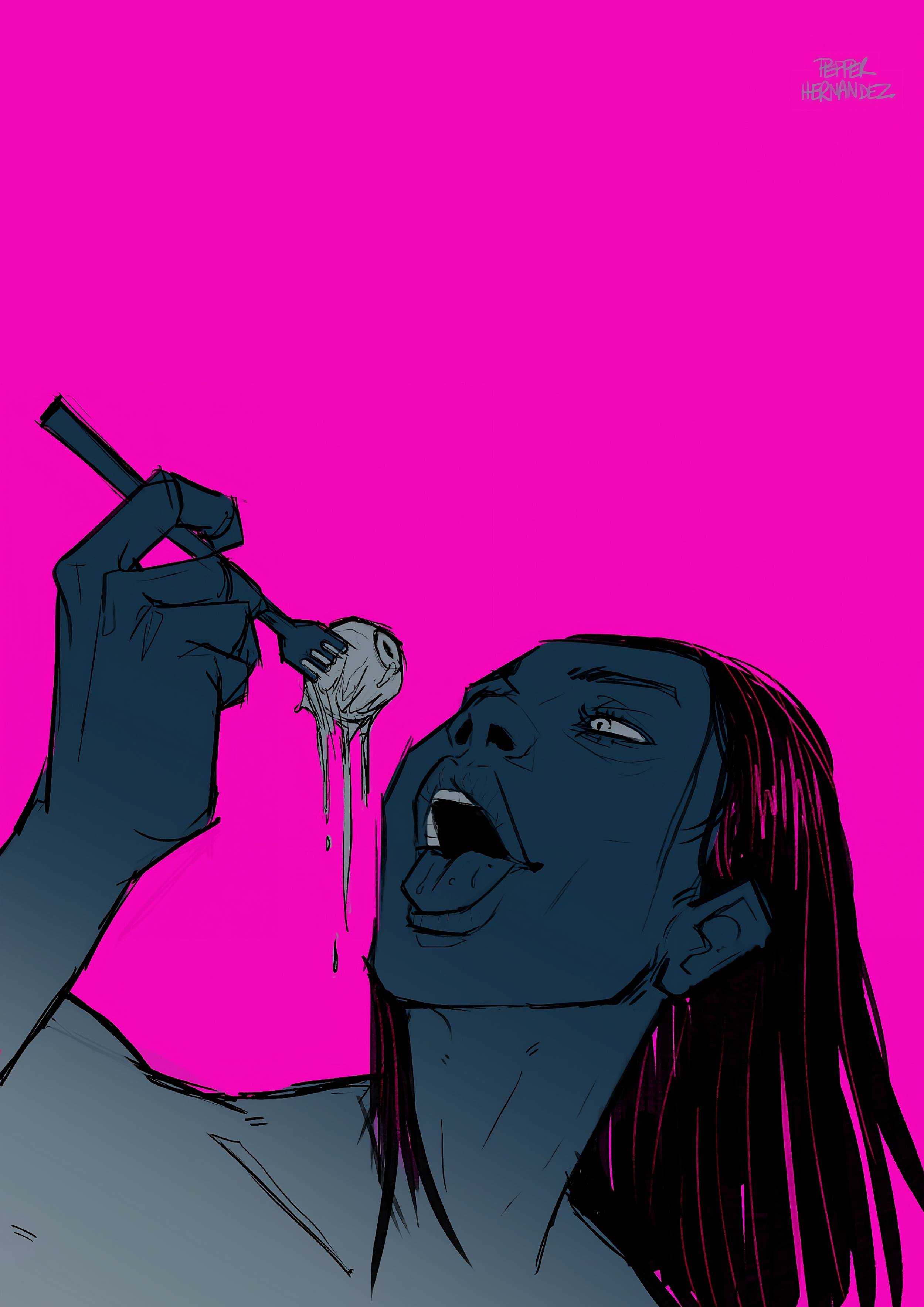 A woman with long dark hair, painted in shades of blue and pink, is leaning her head back with her mouth open and tongue out while holding a paintbrush with a skull. The background is solid pink, and there is a signature in the top right corner.