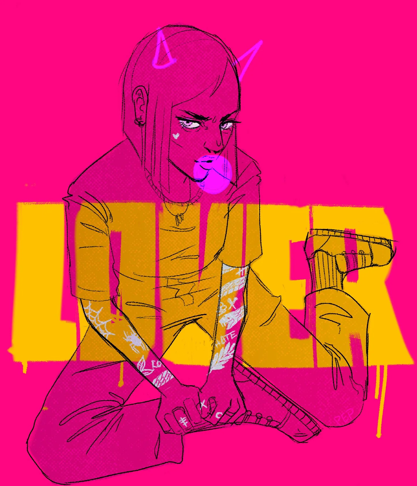 A digital illustration of a woman with devil horns, kneeling and looking at her phone, with a pink background and the word  