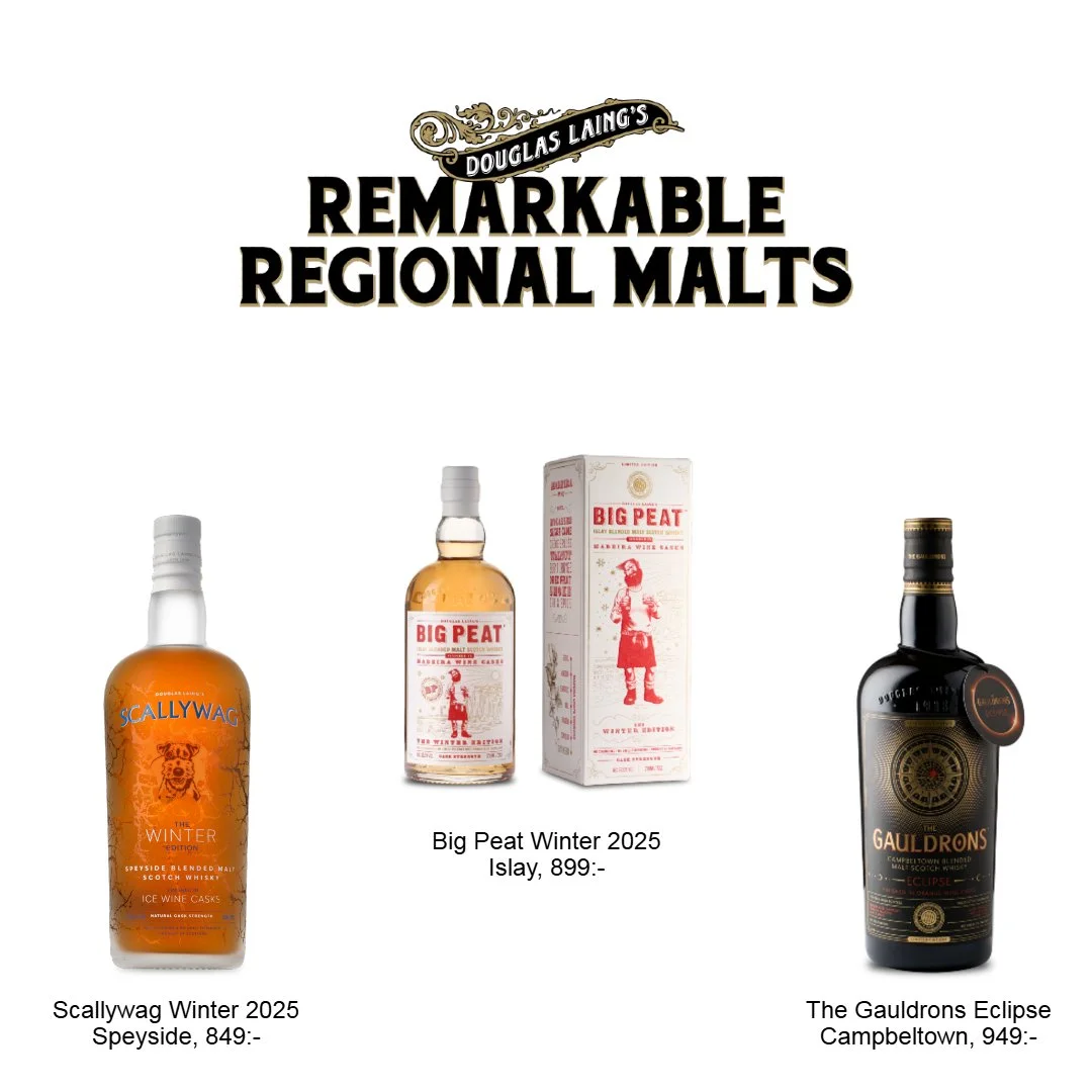 Nya lanseringar från Douglas Laing 🥃
Idag, onsdagen den 29/10 klockan 10.00 lanseras: 
💨Big Peat Winter 25 - Madeira finish
🐶Scallywag Winter 25 - Ice Wine finish
🌚The Gauldrons Eclipse - Orange Wine finish
#Sverige #Skottland #singlemalt