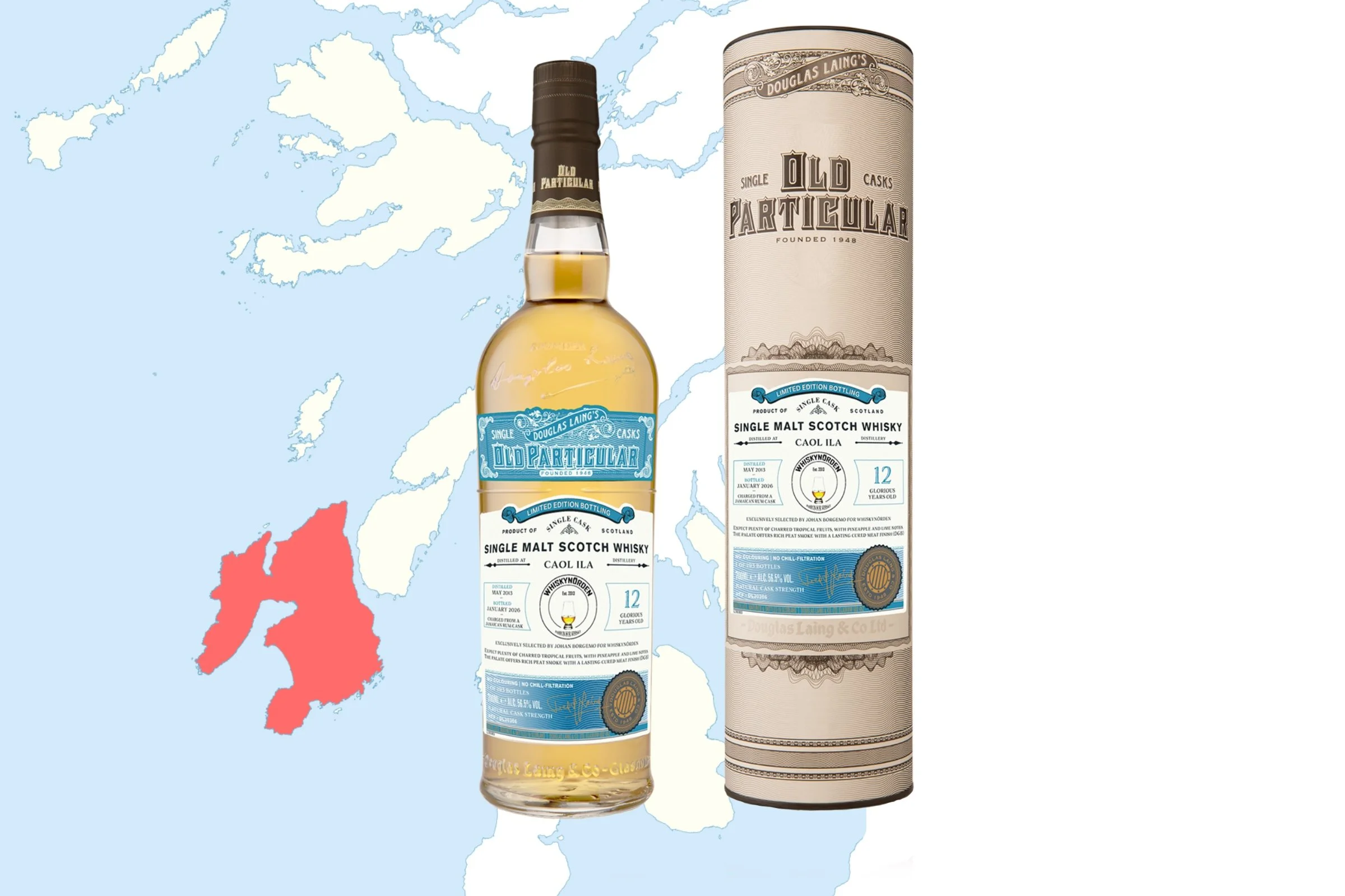 Three bottles of Douglas Laing's whisky with a winter theme: the Campbelltown blended malt Scotch whisky in a dark bottle on the left, the Scallywag speyside blended malt whisky with orange liquid in the middle, and the Big Peat Islay blended malt Scotch whisky in a clear bottle on the right. The background has a snowy, icy appearance, and the text highlights new winter editions.