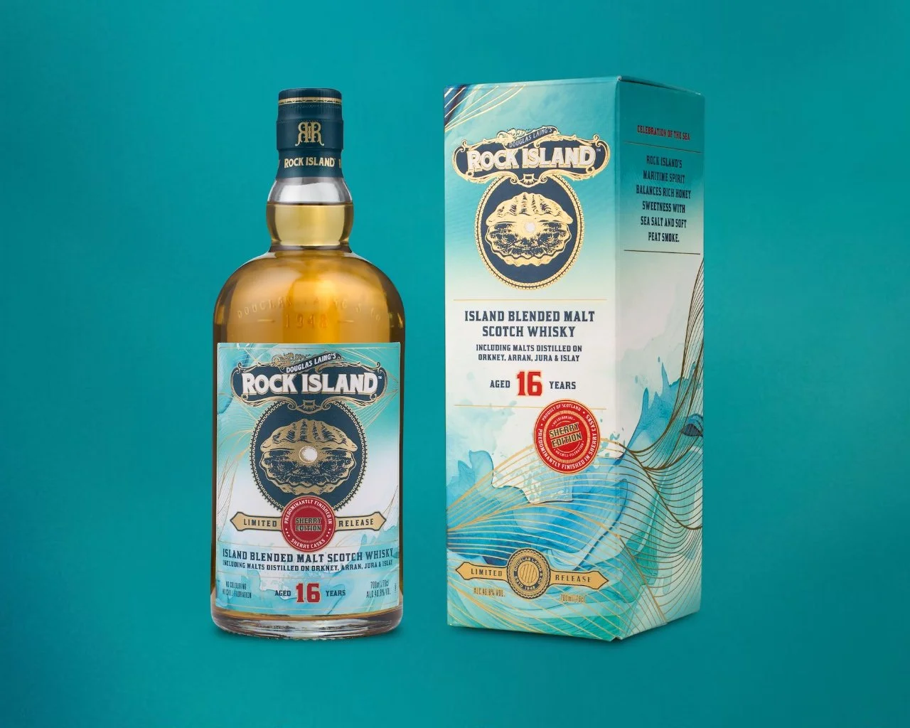A bottle of Rock Island 16-year-old island blended malt Scotch whisky next to its packaging box on a teal background.