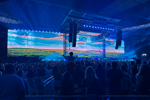 LED screen hire for Oasis Live '25 — full upstage LED wall and IMAG screens at stadium show, delivered by Universal Pixels