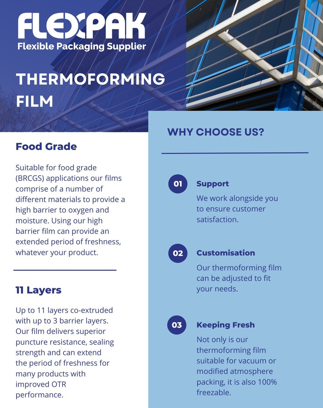 Flexpak UK now supply a variety of High Barrier films for use in thermoforming applications.

What is different about our film?

With up to 11 layers co-extruded with up to 3 barrier layers, our film delivers superior puncture resistance, sealing str