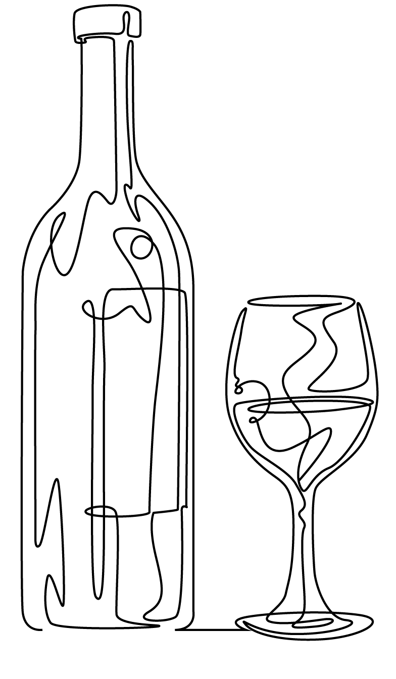 Line drawing wine bottle and glass