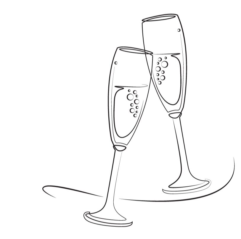 line drawing champagne glasses and bubbles