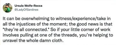 "It can be overwhelming to witness/experience/take in all the injustices of the moment; the good news is that they're all connected. So if your corner of work involves pulling at one of the threads, you're helping to unravel the whole damn cloth"