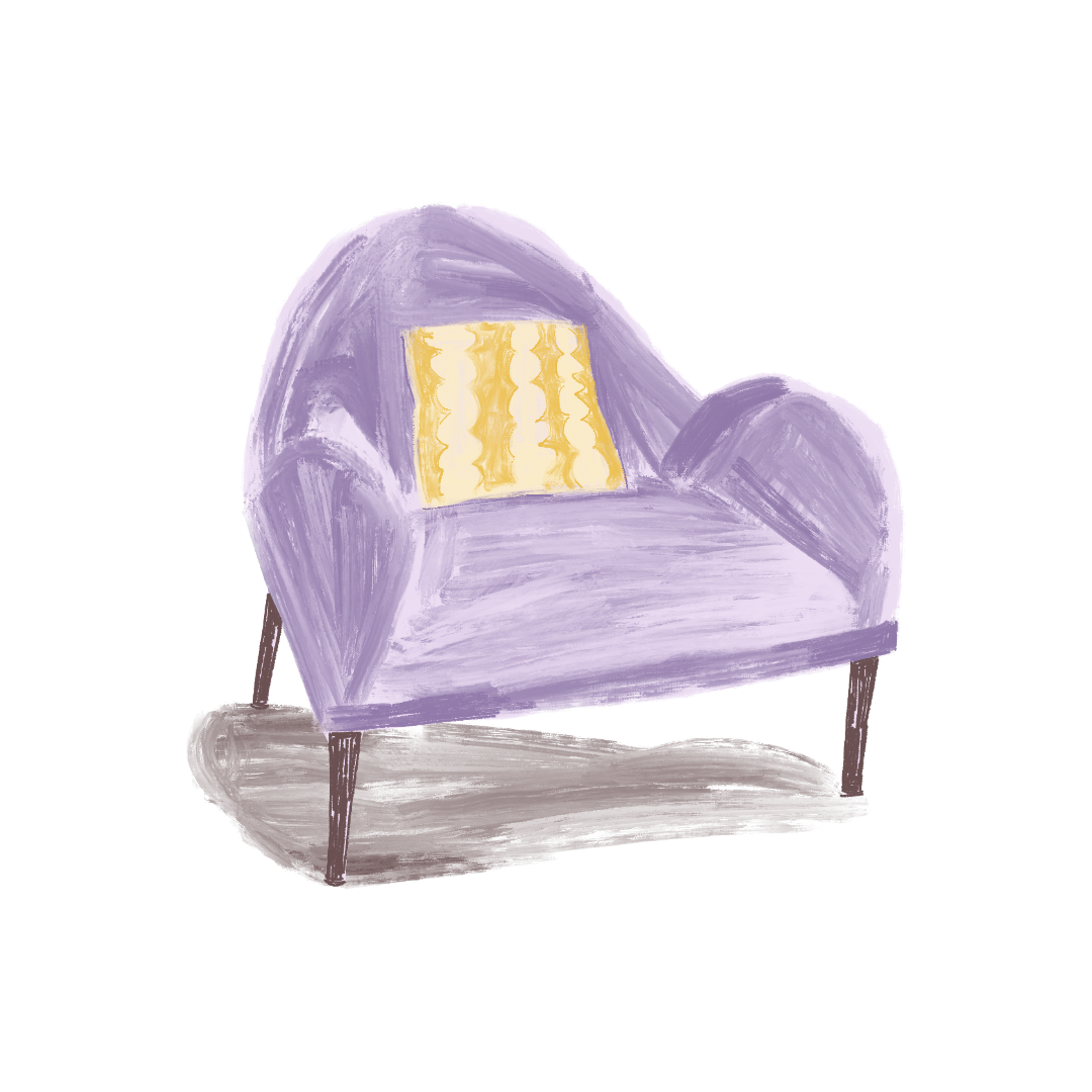 A handdrawn illustration of a purple armchair with a yellow patterned cushion on it.
