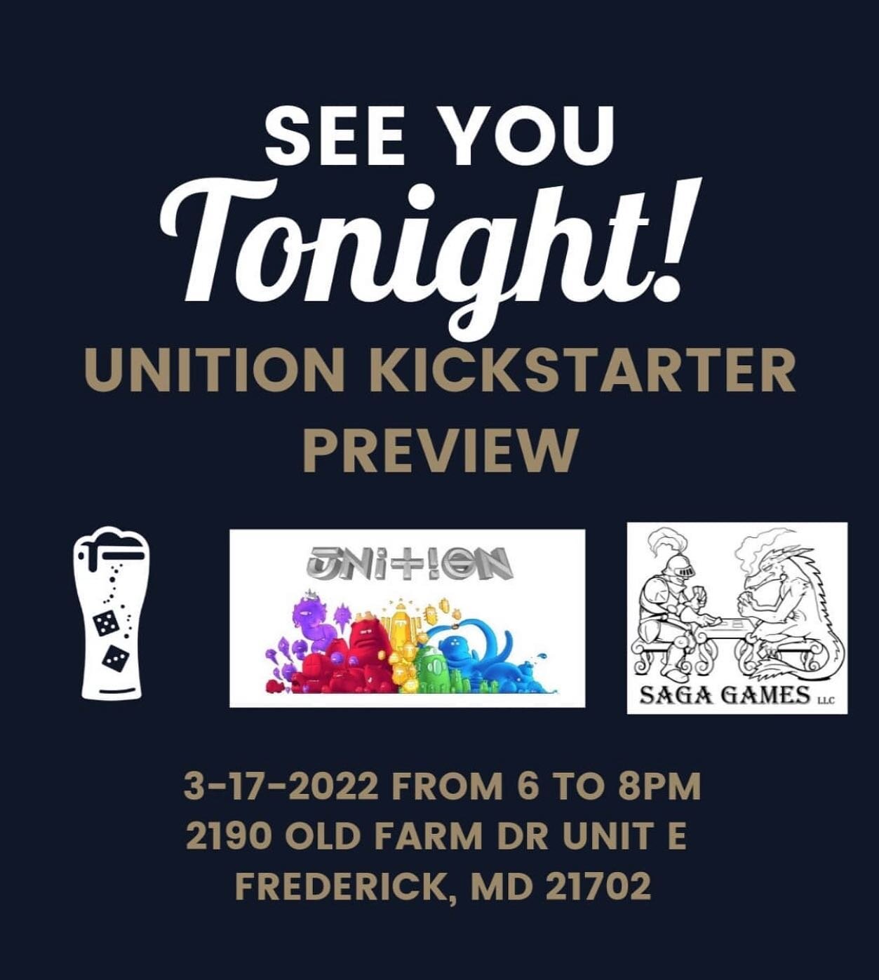 Tonight at 6pm we'll be the @aleventures crew at Saga Games in Frederick, MD for a Unition gameplay preview. Stop by and play the game, meet some new folks, and ask whatever questions you have. 

In other news, the Kickstarter is still going strong. 