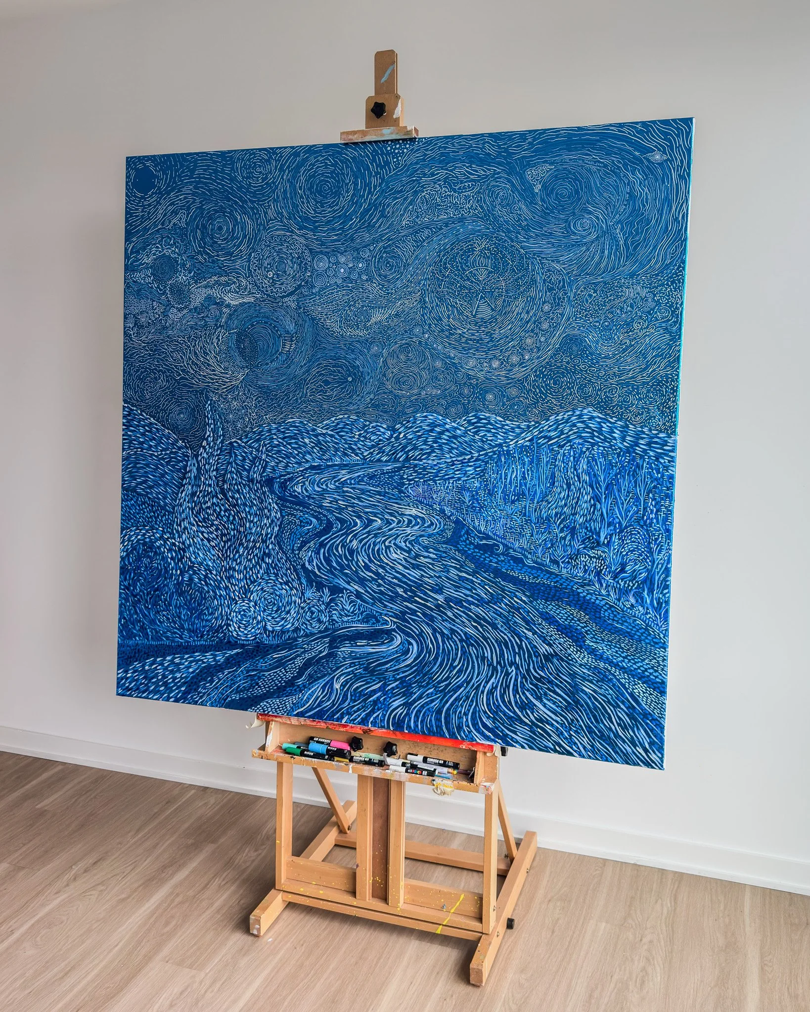 Nocturne, 2026
Oil, Acrylic and Blue Leaf on Canvas
68" x 68"
