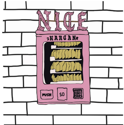 A drawing of a pink Naxolone vending machine on a brick wall background