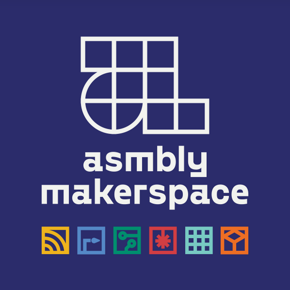 White Asbmly logo on blue background, with crafty icons below it
