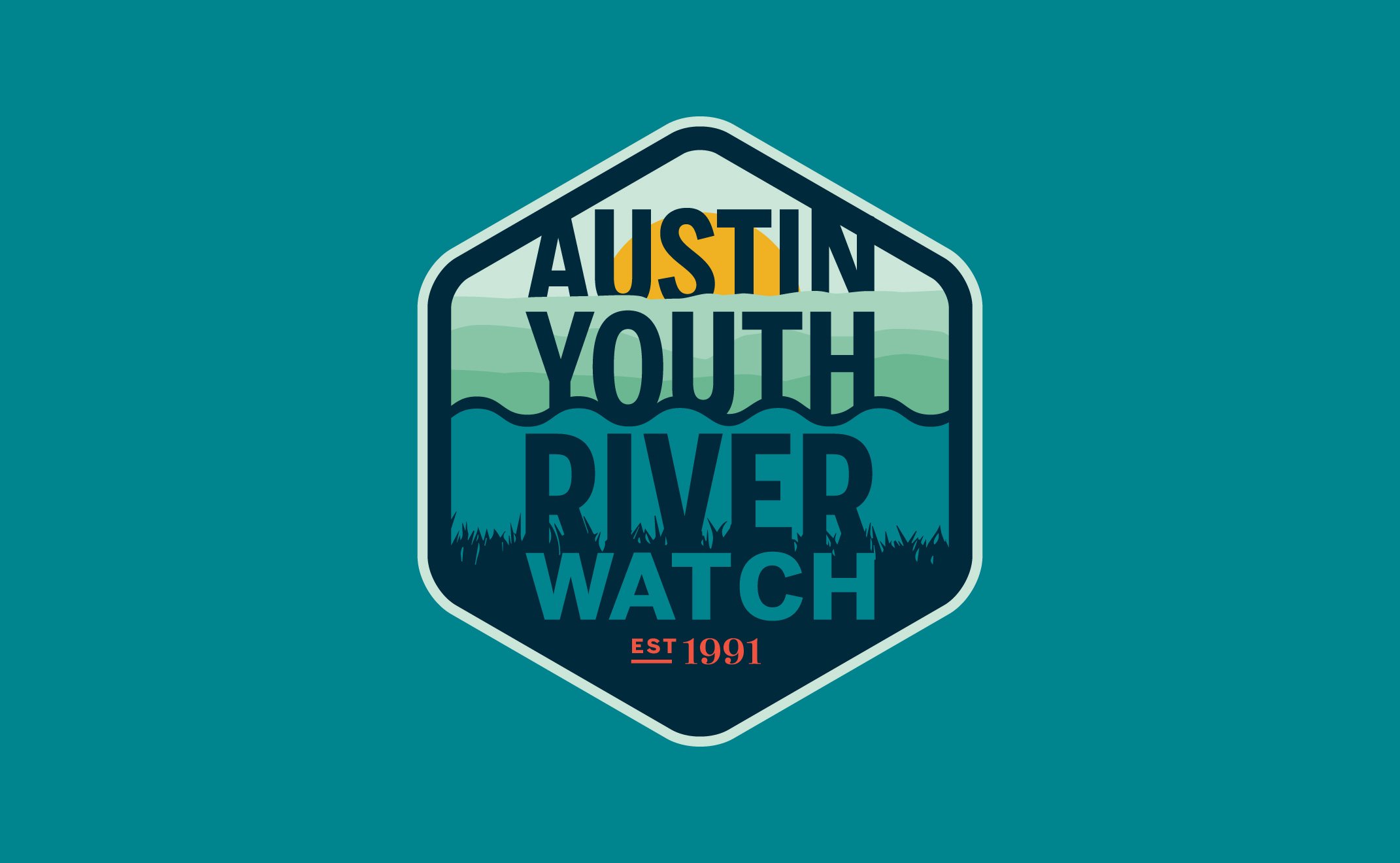 A logo with green and blue layers behind a sun