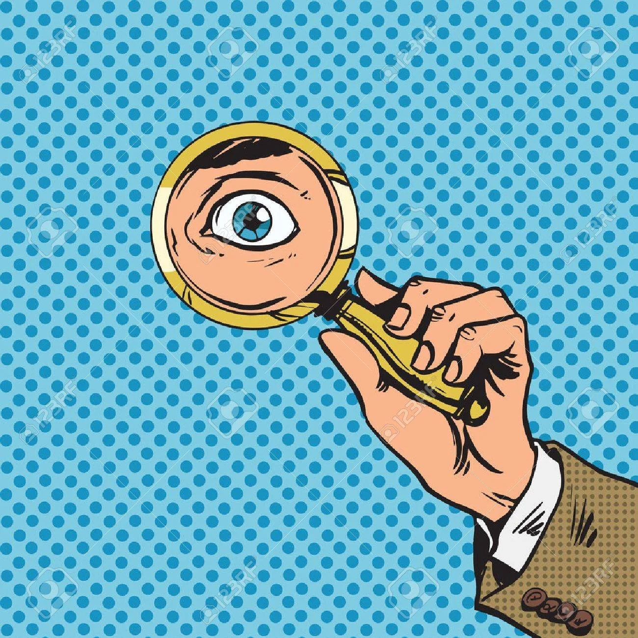 A magnifying glas held up to an eye in comic book style