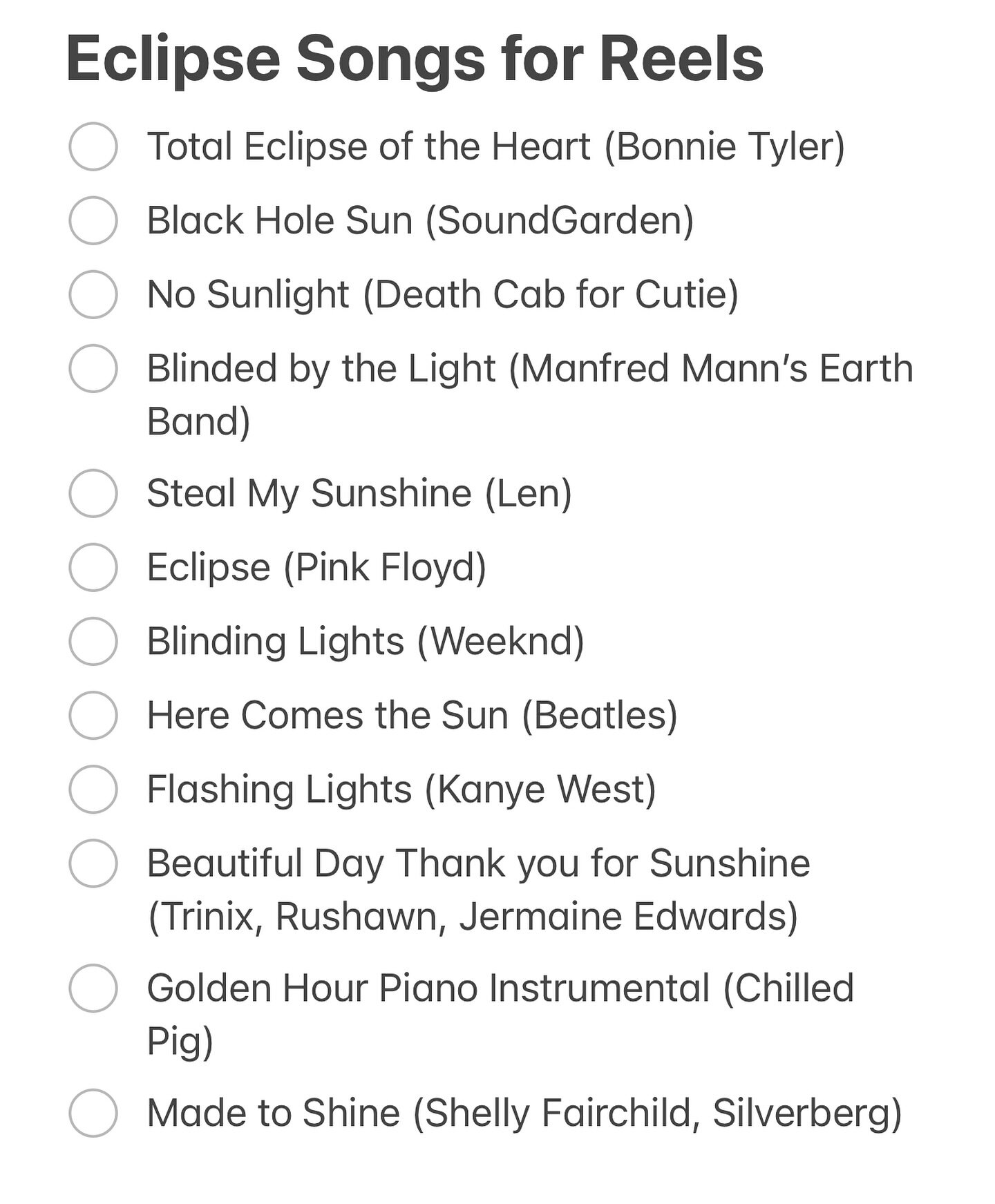 Planning some content for tomorrow&rsquo;s Eclipse? These songs are available in Instagram for Reels. I particularly like the ones that remind you to wear your glasses. 👓 ☀️🌘

For smartphones, you can use a spare pair of eclipse glasses and hold it