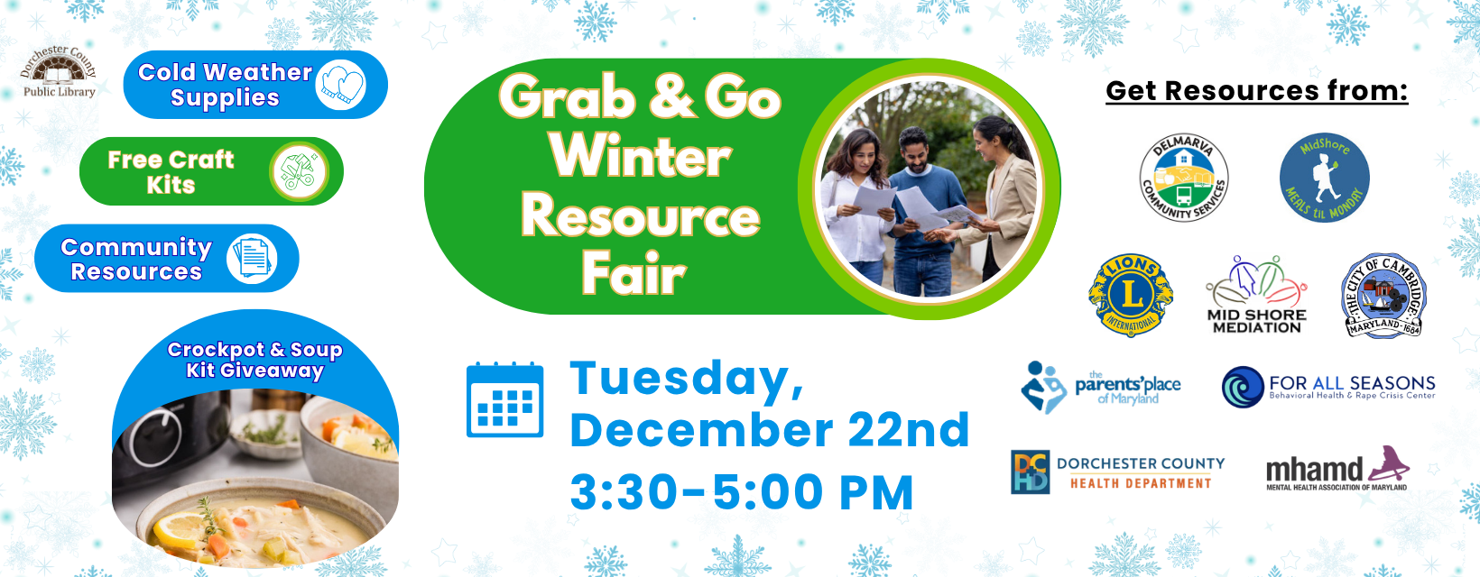 Promo for Cambridge Library's Winter Resource Fair on December 22, 2026. 