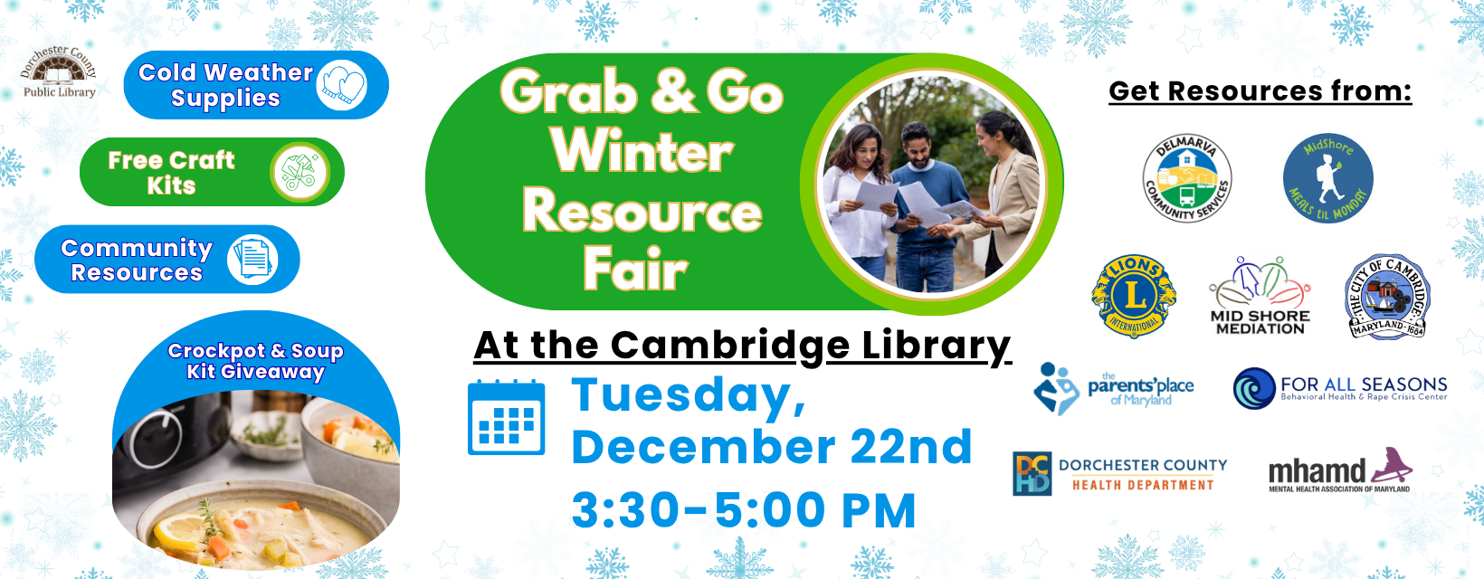 Promo for Winter Resource Fair at the Cambridge Library on December 22