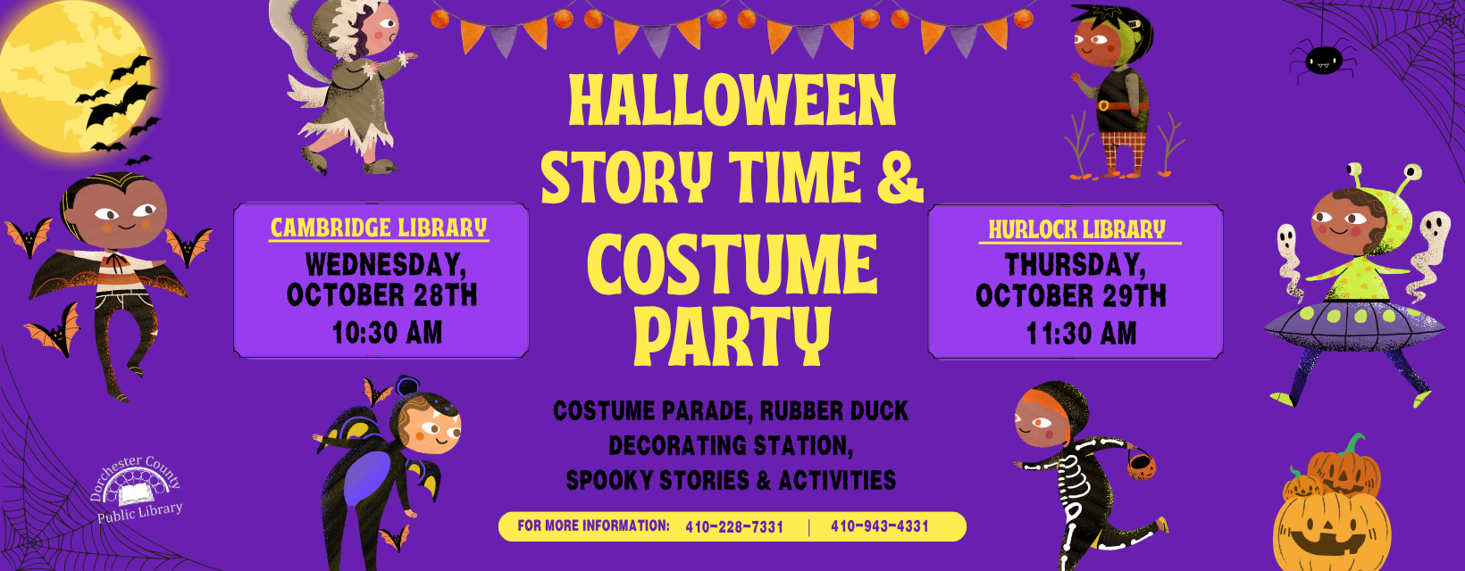 Halloween Story Time announcement for both branches.