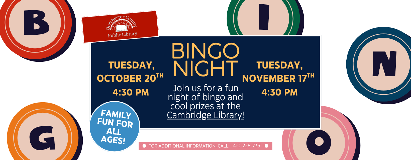 Flyer for Family Bingo Events at Cambridge Library.