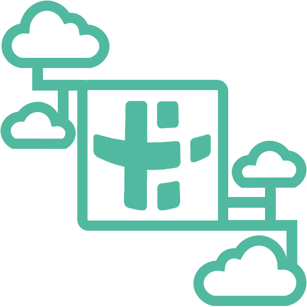 Icon with connected cloud outlines and a central cube with the P3 logo