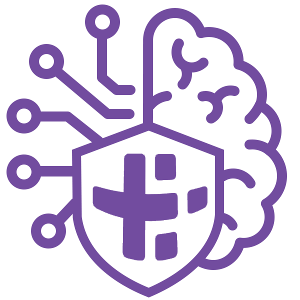 Line drawing of a brain combined with a shield, with circuit lines extending from the shield, symbolizing cybersecurity and artificial intelligence.