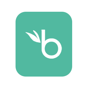 Logo with a lowercase 'b' and a leaf design on a teal background.