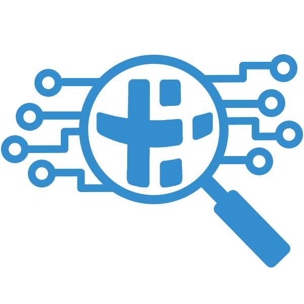 Magnifying glass with the P3 logo inside, surrounded by circuit-like lines