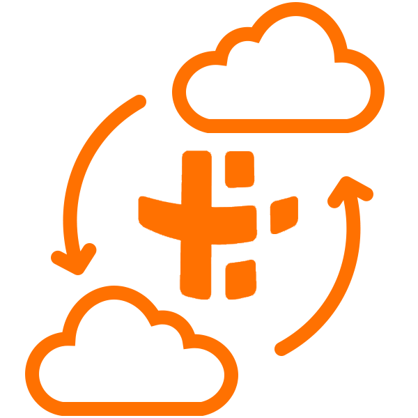 Cloud computing and data transfer icon with cloud symbols and arrows in orange outline around the P3 logo