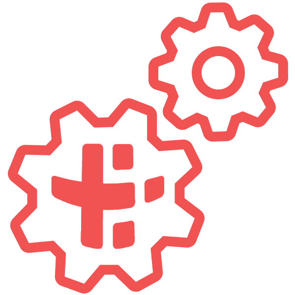 Red gears or cogs, with the larger gear featuring the P3 logo