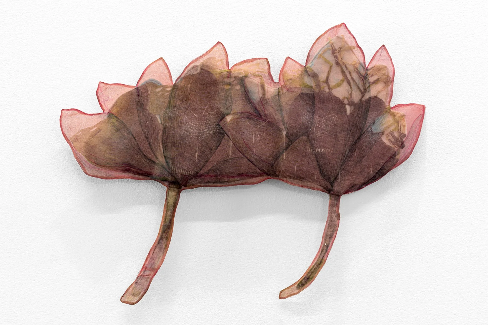 Yujia Shi, Double Lotus. 2026. Cochineal and safflower dyes and marker on cotton organdy, silk organza and felt. Approx. 23 x 15.5 inches.