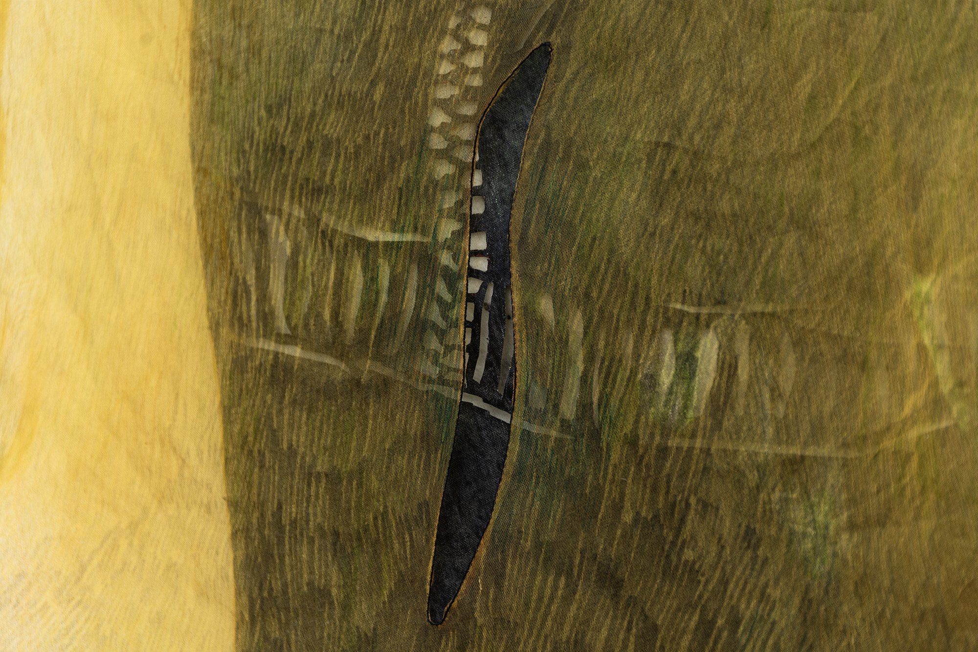 Detail of Yujia Shi, Morning Regiment, Fire, 2025. Safflower dye and marker on cotton organdy, silk organza and felt. Approx. 13.5 x 23.5 inches.