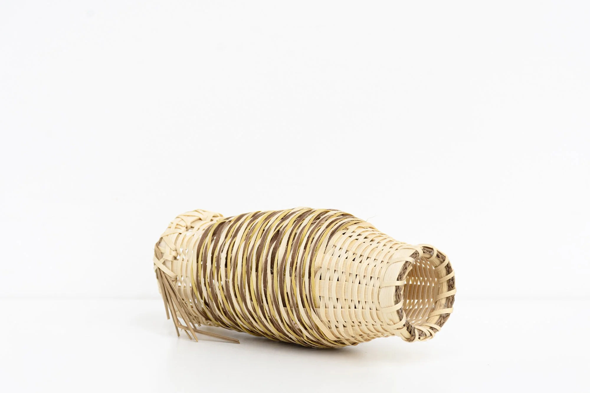 Ursula Johnson, Tunnel Vision, 2025. Black ash, sweet grass, commercial dye, maple wood. 5.5 x 2.5 x 2 inches.