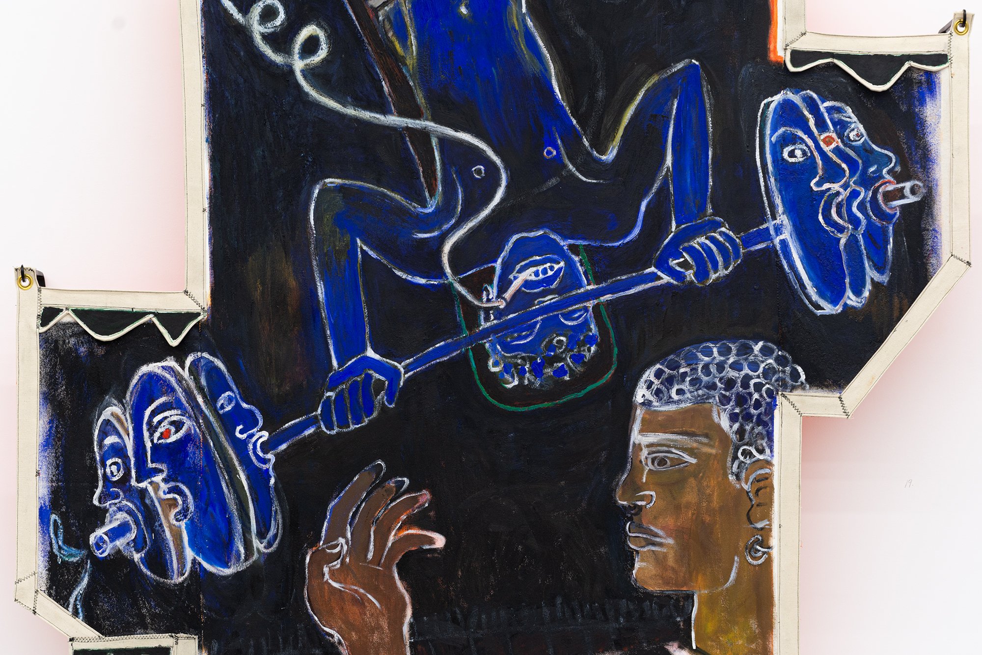 Detail of Kayza DeGraff-Ford, Spot Me, 2025. Oil on sewn canvas. Approx. 65 x 68.5 inches.