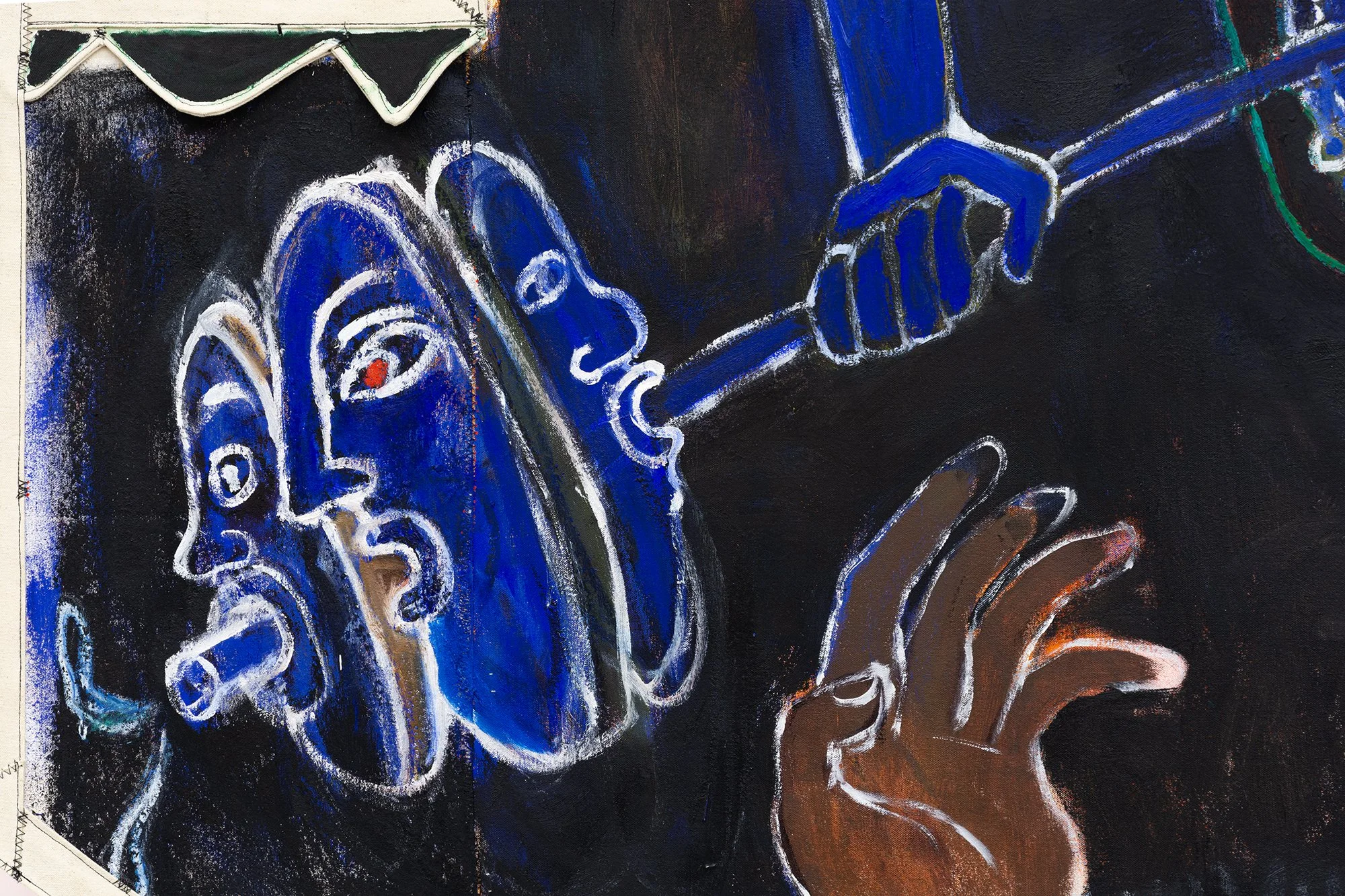 Detail of Kayza DeGraff-Ford, Spot Me, 2025. Oil on sewn canvas. Approx. 65 x 68.5 inches.
