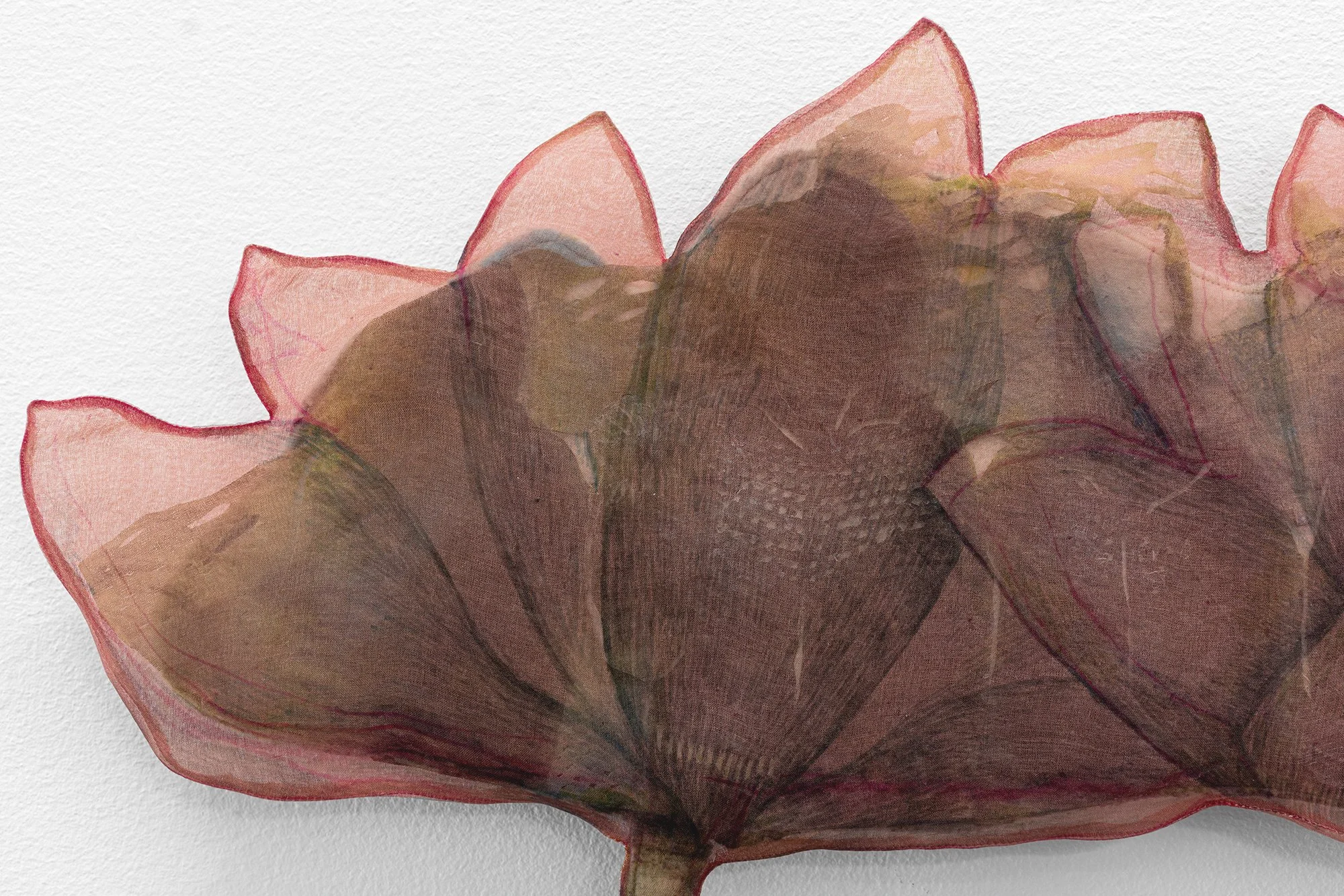 Detail of: Yujia Shi, Double Lotus. 2026. Cochineal and safflower dyes and marker on cotton organdy, silk organza and felt. Approx. 23 x 15.5 inches.