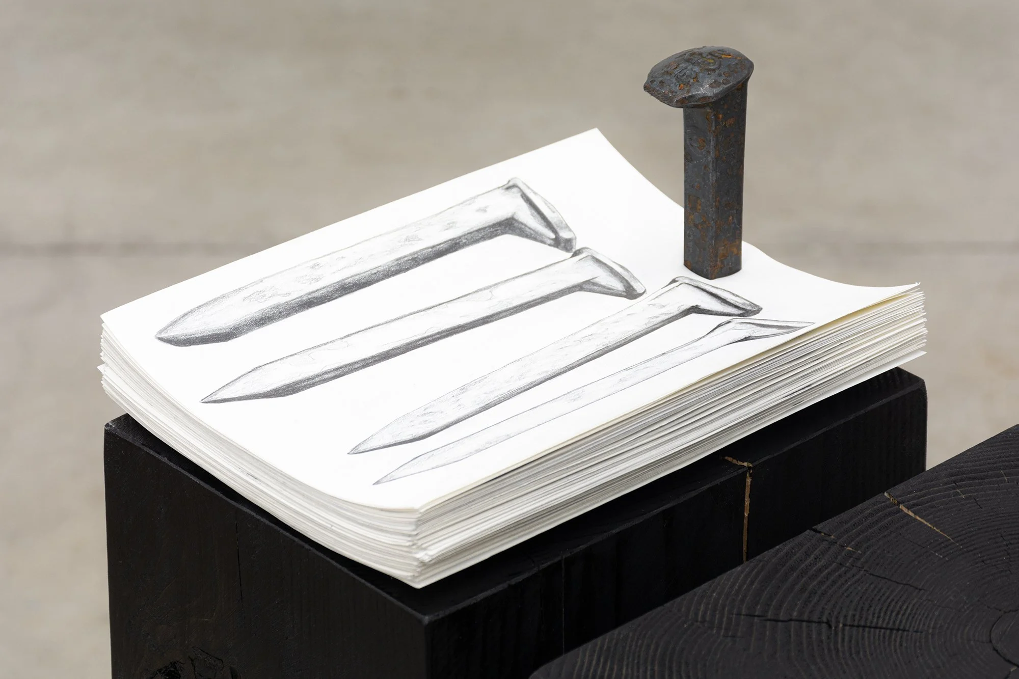 Detail of: Melanie Colosimo, One Kilometre of Railroad in Four Parts (under construction), 2025. Graphite on paper, found railroad spikes, Hemlock base. Approx. 28 x 7 x 9 inches. 