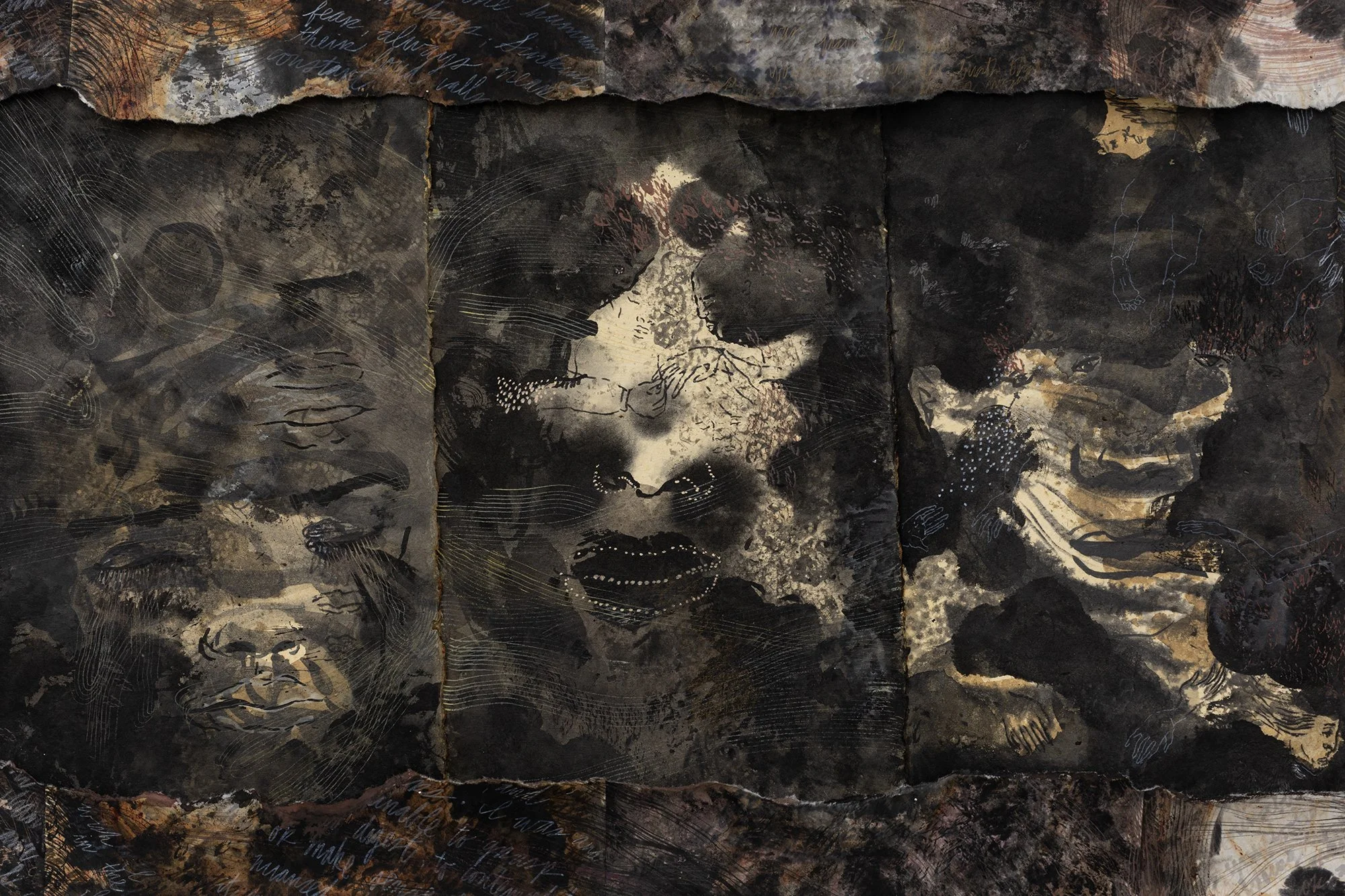 Detail of: lucie chan, beyond skin, beyond surface, beyond story, 2025. Beeswax, ink, watercolour, gouache, tempera paint, crayons and markers on paper. Approx. 52 x 72 inches. 