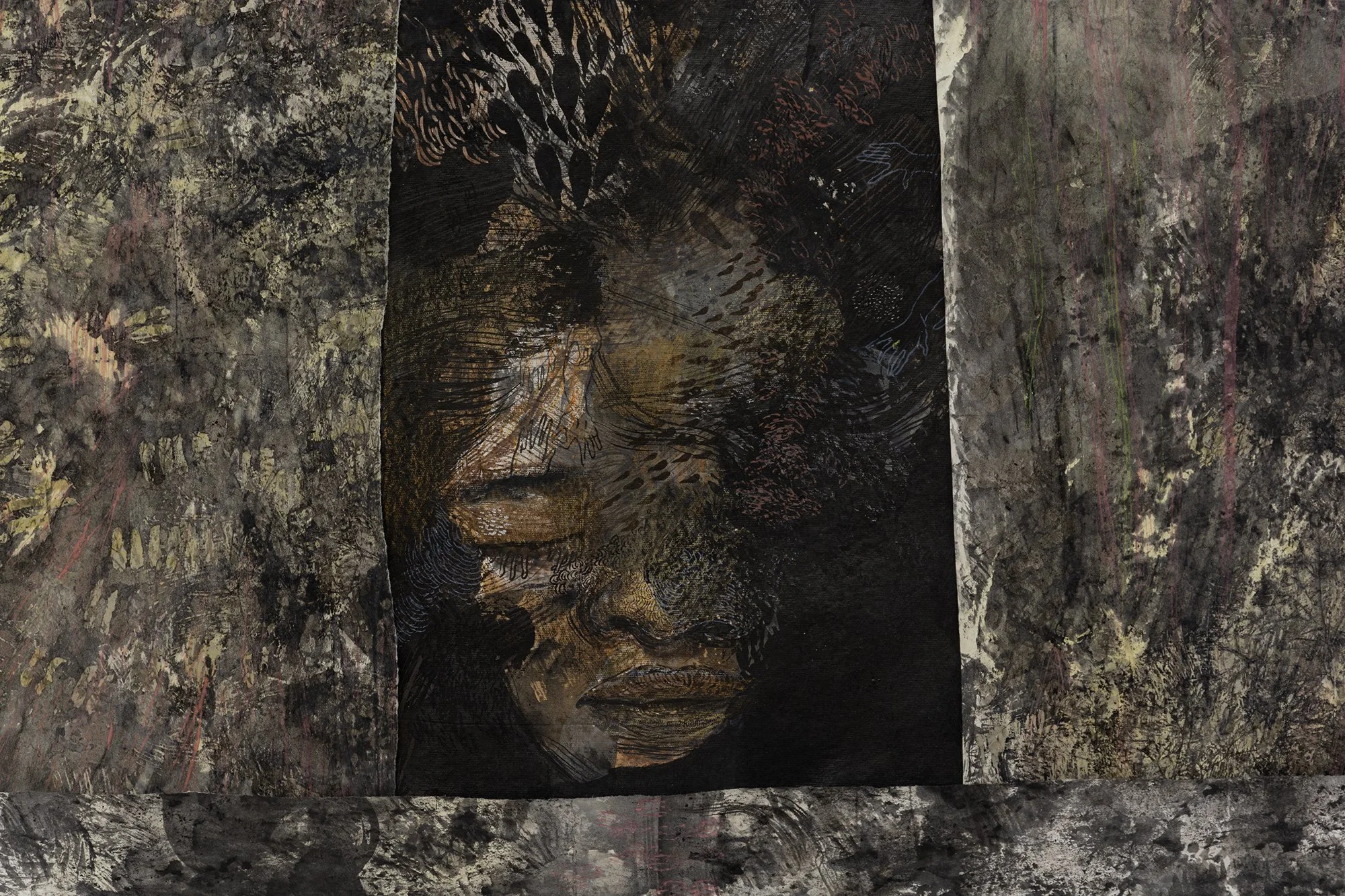 Detail of: lucie chan, beyond skin, beyond surface, beyond story, 2025. Beeswax, ink, watercolour, gouache, tempera paint, crayons and markers on paper. Approx. 52 x 72 inches. 