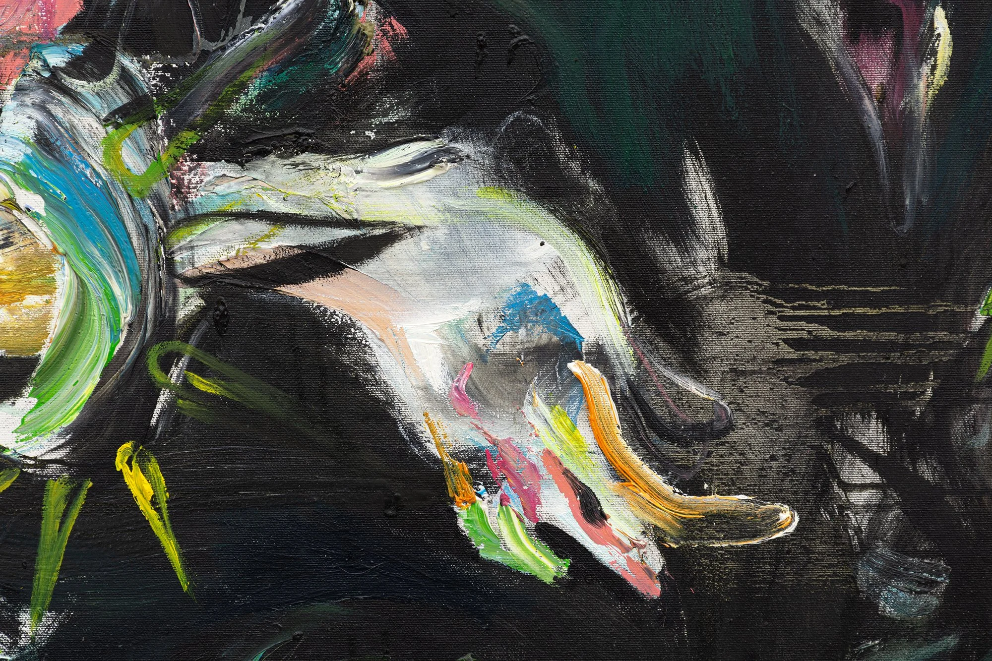 Detail of: Mitchell Wiebe, Tongues of John Fluevog, 2025. Oil on canvas. 5 ft x 4 ft. 