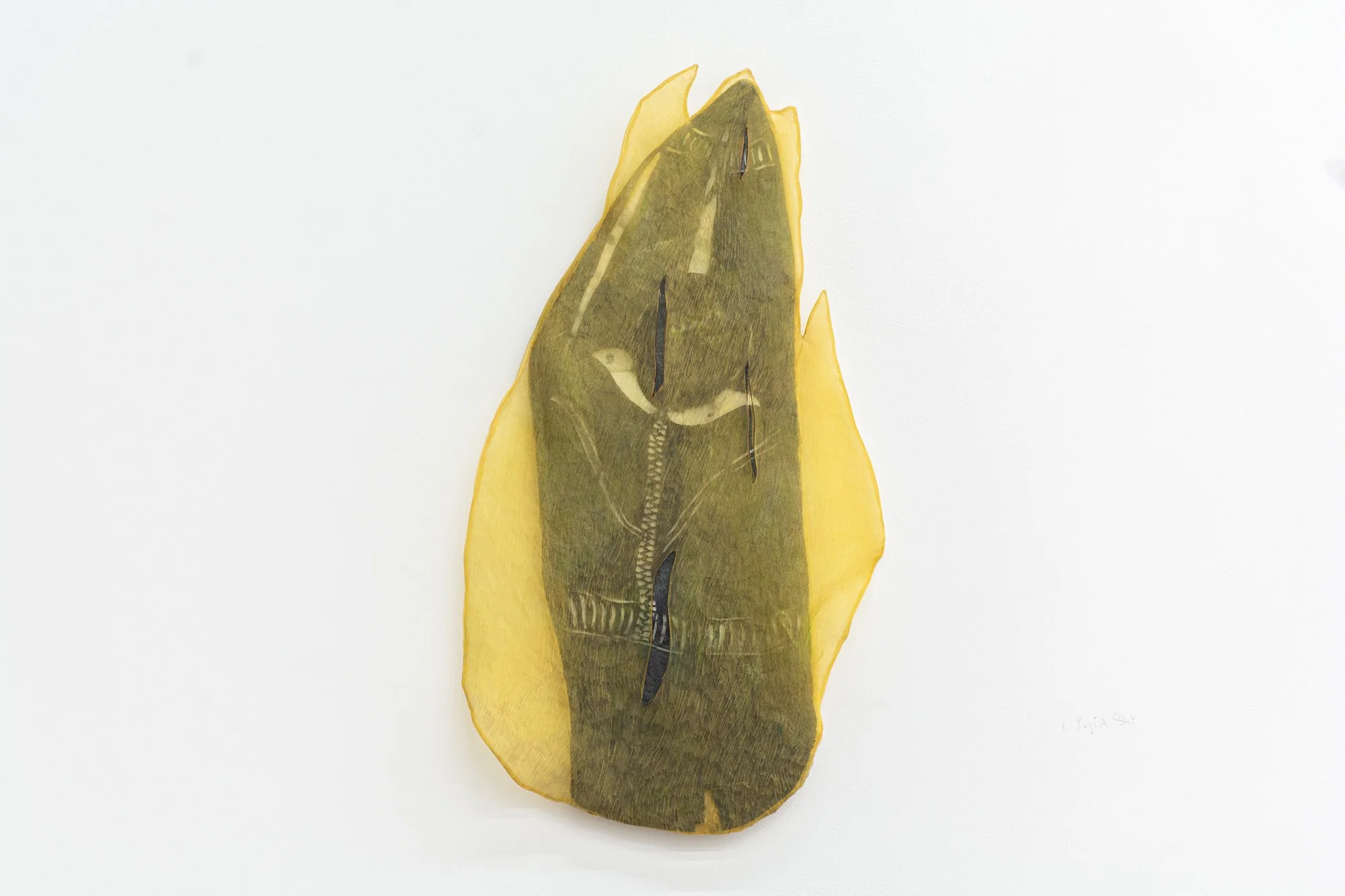 Yujia Shi,   Morning Regiment, Fire   2025. Safflower dye and marker on cotton organdy, silk organza and felt.
