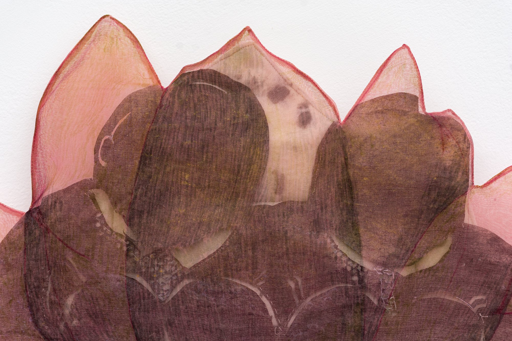 Detail of Yujia Shi, Morning Regiment, Lotus. 2025. Cochineal dye and marker on cotton organdy, silk organza and felt. Approx. 15 x 17.5 inches.