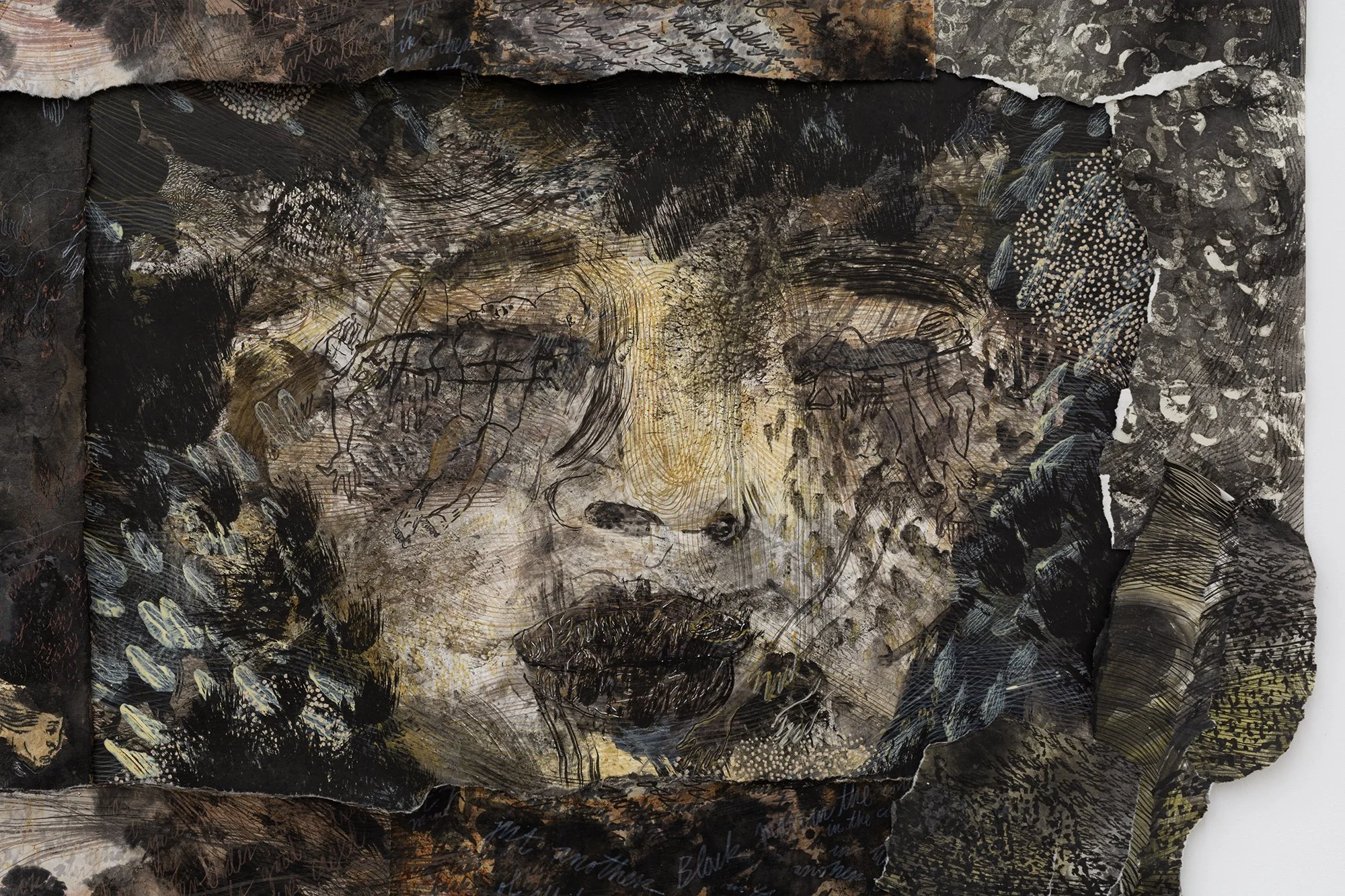 Detail of: lucie chan, beyond skin, beyond surface, beyond story, 2025. Beeswax, ink, watercolour, gouache, tempera paint, crayons and markers on paper. Approx. 52 x 72 inches. 